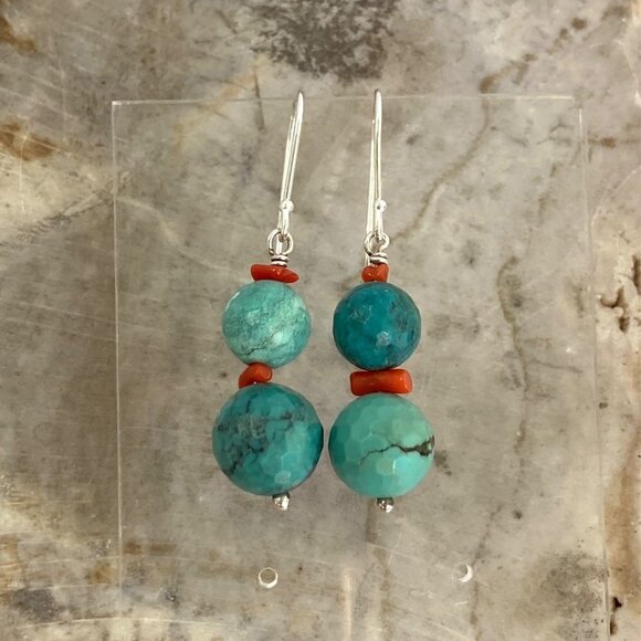 Sterling Silver 925 1.7" Faceted Turquoise Red Coral Beaded Dangle Drop Earrings - Picture 2 of 16